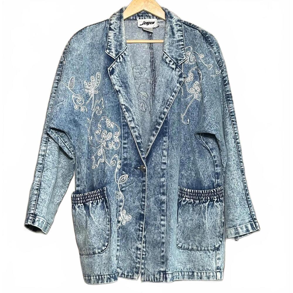 Vintage Jensen Womens Denim Pearl Embroidered Jacket Size M Acid Wash Streetwear
